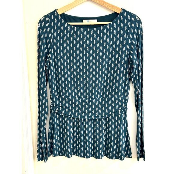 Boden Long-Sleeve Teal Peplum-Style Top Boatneck w/Leaf Pattern Sz US 8 EUC - Picture 1 of 9
